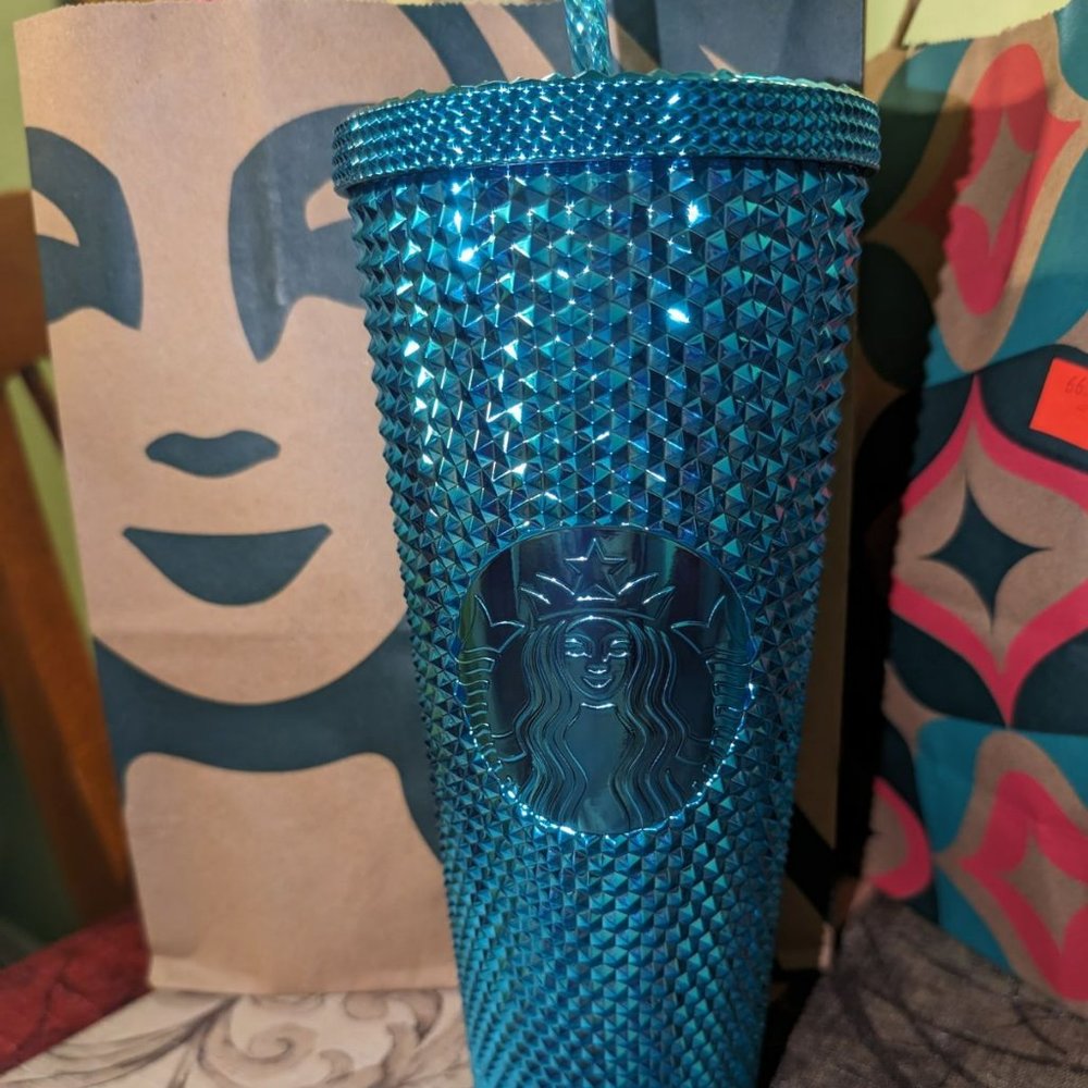 Starbucks 2023 Blue Chrome Studded Venti 24oz Tumbler with Straw